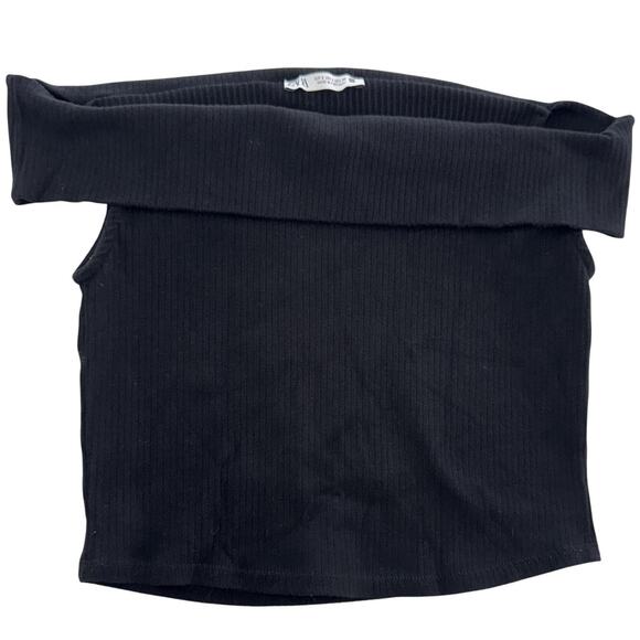 Zara Top Womens Small Black Off Shoulder Ribbed Sweater Foldover Neck Pullover - Picture 1 of 5